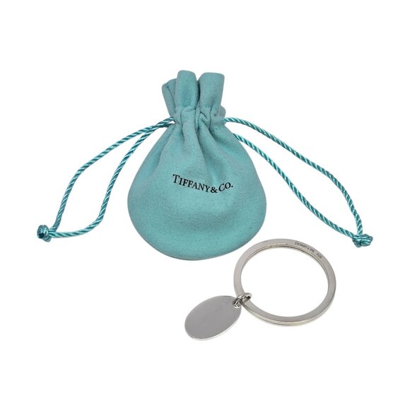 Vintage Tiffany & Co Sterling Silver Oval Tag Dangle Key Ring with Pouch #22481